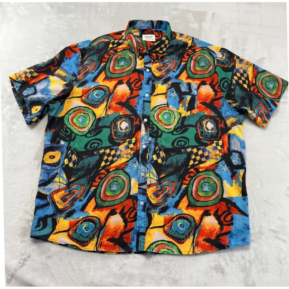 Tunevuse Button Down Shirt Mens 3XL Multicolor Abstract Graphic Prints Retro